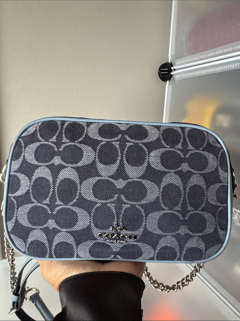 😊Coach Monogram Crossbody Bag in Light Blue Trim EUC see photos for defect😊